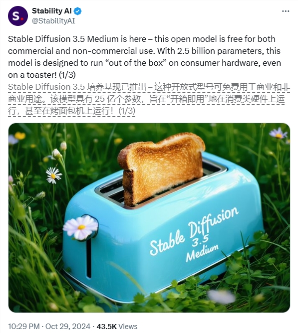 免费开放商用！Stability AI推轻量级AI绘画利器 Stable Diffusion 3.5 Medium模型