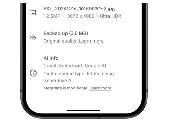 Google Photos标注AI编辑照片，但仅在"细节"中显示引发争议